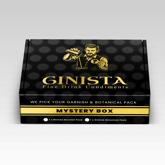 Ginista mystery box packaging with black and gold design on a dark background